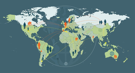 Flat vector illustration of a world map with dotted travel lines and people icons moving between countries, representing migration and connection, International Migrants Day