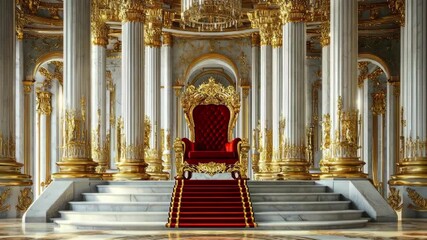 Opulent throne room with red throne, marble columns, and golden accents. - Powered by Adobe