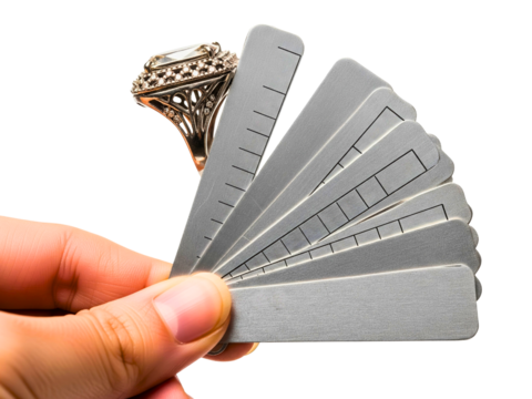 Jeweler measuring a diamond ring with a finger sizing tool on a transparent background