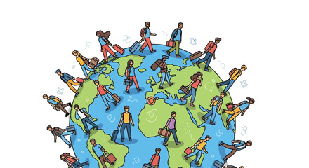 vector illustration of diverse people with luggage walking across a globe, symbolizing migration and unity, International Migrants Day