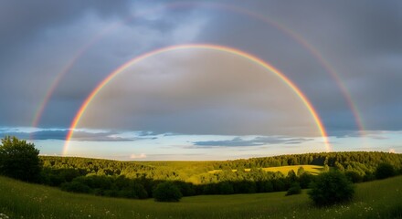 Naklejka premium Majestic Double Rainbow Over Green Rolling Hills.
