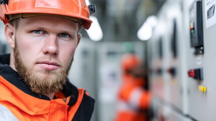 electrician. A focused electrician in safety gear, standing against an industrial background with soft lighting. safety posters.