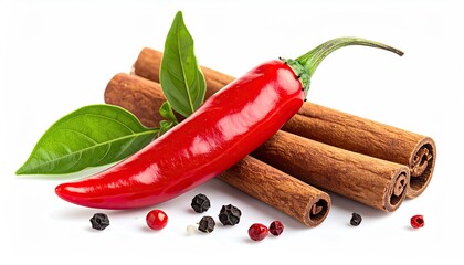 A vibrant red chili pepper rests on a bed of cinnamon sticks and peppercorns, accented by fresh green leaves against a clean white background, creating a visually appealing arrangement of spices.