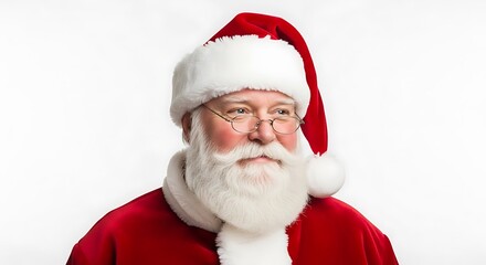 A jolly Santa Claus with a white beard and red hat, wearing glasses, against a white background.
