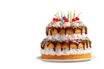 Two tier birthday cake with chocolate ganache frosting cherries and candles celebration dessert, Isolated On Transparent Background, Png Cut Out