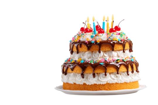 Two tier birthday cake with chocolate ganache frosting cherries and candles celebration dessert, Isolated On Transparent Background, Png Cut Out