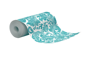 Teal Damask Pattern Wallpaper Roll on Black Background image, Isolated On Transparent Background, Png Cut Out