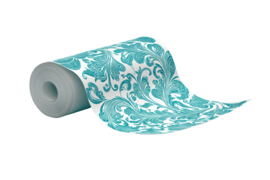Teal Damask Pattern Wallpaper Roll on Black Background image, Isolated On Transparent Background, Png Cut Out
