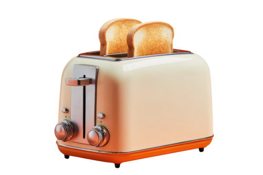 Retro cream and orange toaster with two slices of golden brown toast bread breakfast, Isolated On Transparent Background, Png Cut Out