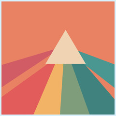 Minimalist geometric art with a triangle and colorful rays on an orange background. Modern abstract design for wall art, posters, and creative projects.