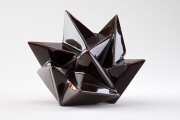 Geometric Origami Starburst - Dark Chocolate Brown, Glossy Surface, Abstract Sculpture.