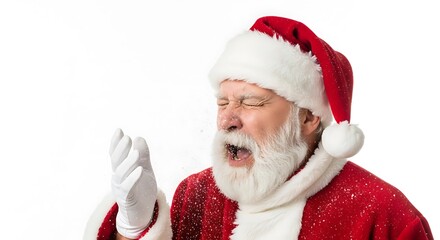 Santa Claus sneezing with his hand covering his mouth, isolated on a white background.