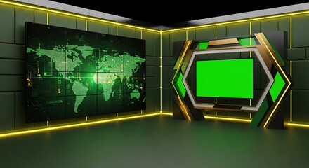 Modern News Studio with Green Screen and World Map Display.