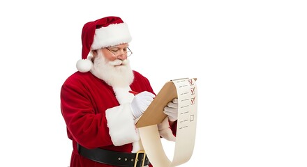 Santa Claus in his iconic red suit and hat, carefully reviewing a long scroll of names.