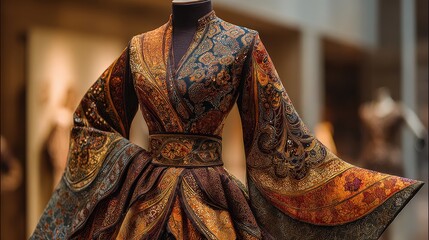 Exquisite Embroidered Gown Displayed on Mannequin, Museum Exhibit, Detailed Texture, Rich Colors.