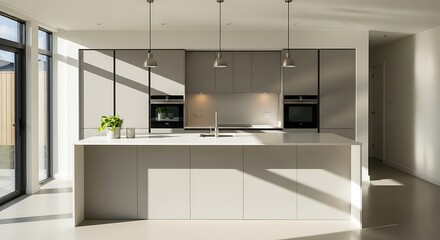 Fototapeta premium Contemporary kitchen design emphasizing minimalist aesthetics and natural light