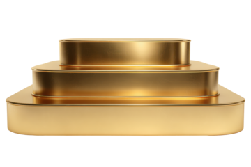 Three tiered golden podium with rounded edges on black background stage award, Isolated On Transparent Background, Png Cut Out
