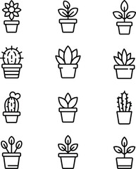 Set of twelve minimalist line art potted plants and succulents, black outline botanical icons for modern interior design illustrations
