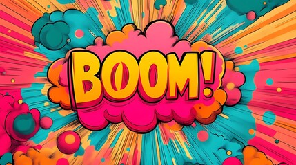Fototapeta premium Colorful comic book explosion with the word boom, clouds and rays