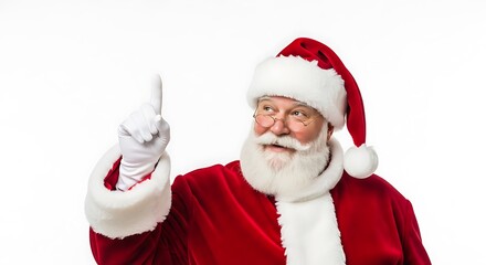 A cheerful Santa Claus wearing his iconic red suit and white beard, pointing his finger upwards with a knowing expression.