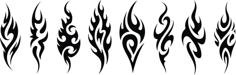 Tribal flame tattoo design set with black abstract fire patterns, Polynesian inspired body art shapes, and modern vector style © Najmul