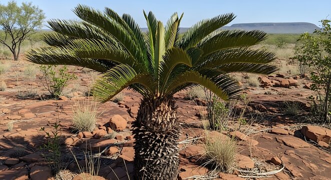 Lush cycad tree flourishes in arid desert landscape under bright sunlight