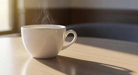 Obraz premium Steaming cup of coffee on wooden table in morning sunlight