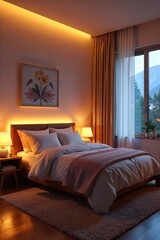 Serene Bedroom with Warm Ambient Lighting Cozy and Relaxing Atmosphere, Perfect for Sleep, Home Decor, and Interior Design