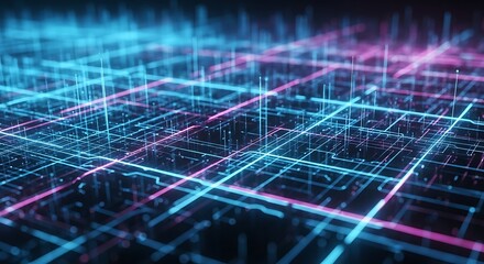 Abstract blue and pink digital network grid with glowing lines
