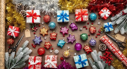A festive collection of Christmas gifts, ornaments, and wrapping supplies arranged on a wooden surface.