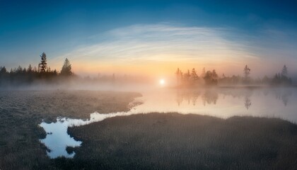 Fototapeta premium Misty Morning Lake with Sunlight Streaming Through Fog 