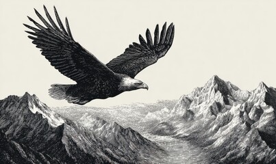 Fototapeta premium Majestic Bald Eagle Soaring Above Snowy Mountain Peaks.