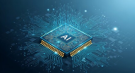 Futuristic ai microchip with glowing circuitry and data flow