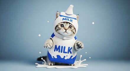 An adorable whiskered kitten in a funny milk carton costume creates a playful splash. A whimsical and charming concept of a pet in a creative dairy-themed outfit