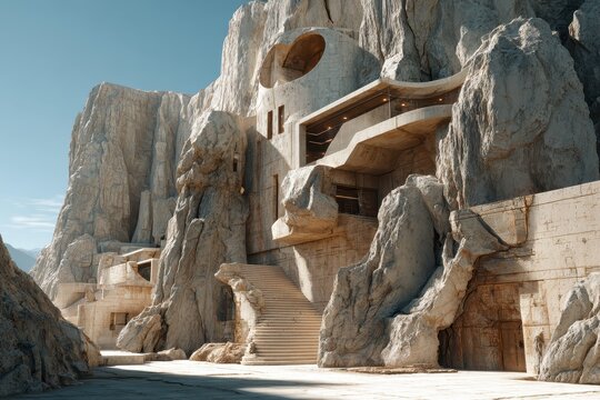 Futuristic Desert Citadel Carved into Rugged Rocky Mountains Under Clear Blue Sky. - Powered by Adobe