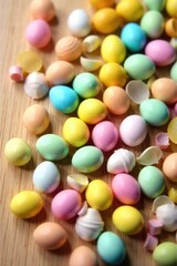 Fototapeta premium Vibrant Easter egg candy assortment scattered on a natural wood surface, showcasing a spectrum of pastel and bright colors. An overhead shot of a vibrant assortment of Easter egg candies scattered on
