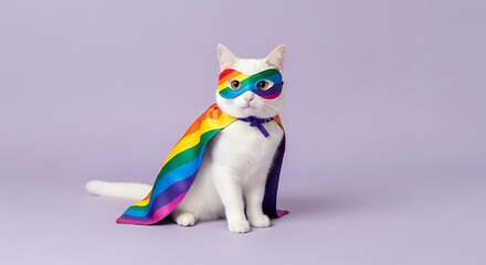 Cat superhero celebrating Pride with rainbow cape and mask on lilac background