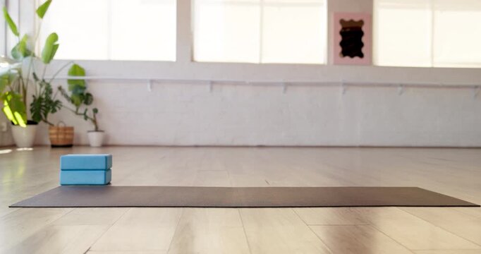 Empty, studio and mat with block for yoga fitness, holistic healing and mindfulness space. Interior, equipment setup or calm atmosphere for self care, balance support and pilates training of wellness