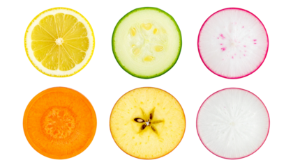 Citrus, Zucchini and Radish: Assorted Vegetable Slices on Transparent Backdrop