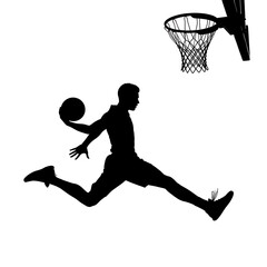 Illustration of silhouette of a basketball player leaping isolated on transparent background