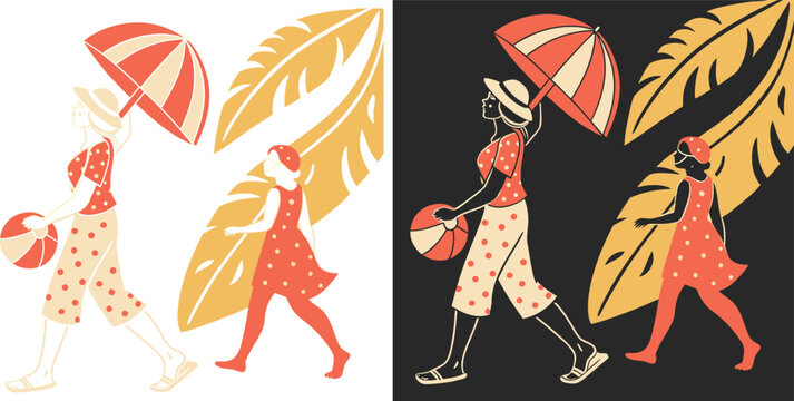 Stylish summer vacation vibes with elegant women strolling on the beach, ideal for travel ads and modern tropical designs, exuding happiness and relaxation