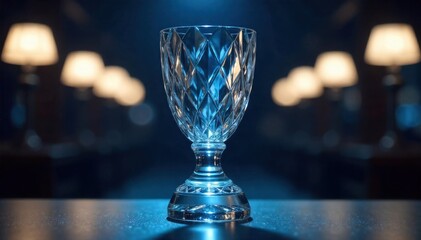 Crystal trophy statue on a blurred background of cheering audience or stadium lights. A photorealistic close up of a multifaceted crystal trophy statue, refracting light brilliantly. The background is