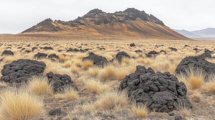 A barren landscape features black volcanic rock, dry grass, and a distant, shadowed peak