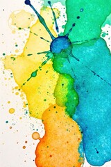 Abstract watercolor paint splatters and swirls in vibrant, cheerful colors on a white background, evoking creativity and art. Abstract watercolor paint splatters and swirls in vibrant rainbow colors