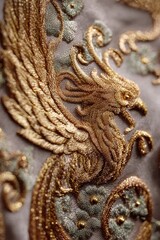 Intricate Golden Phoenix Embroidery - Detailed Close-Up of Mythical Bird Art.