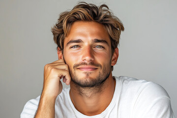 Flirtatious young man with wavy hair smiling playfully while resting his cheek on his hand. A smiling young man with tousled hair rests his chin on his hand, exuding warmth and confidence.