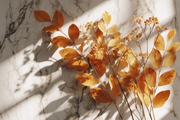 Golden Autumnal Foliage on Marble Surface, Dramatic Light and Shadow Play.