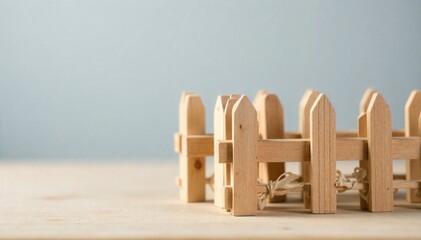 Crafting with Pegs A miniature wooden fence constructed from clothes pegs. A detailed, close up, eye level shot of a small, rustic fence constructed entirely from natural, unfinished wooden clothes