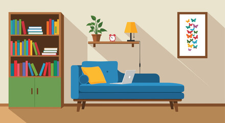 Cozy Home Office Interior with Modern Décor Working Remotely on Laptop on Blue Chaise Lounge, Reading Bookshelf & Butterfly Art, Conceptual for Lifestyle Design, Healthcare, Business Technology, Moder