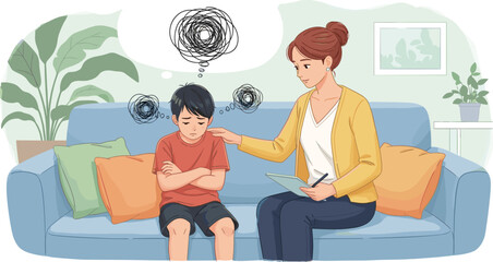 Distressed Boy in Child Therapy Session Discussing Problems with Compassionate Therapist on Couch in Calm Office, Mental Health Support, Childhood Anxiety and Depression Treatment, Counseling, Pediatr